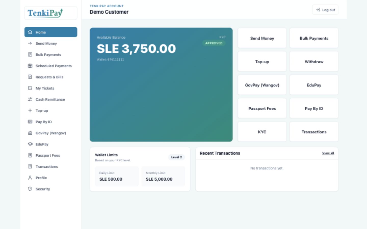 TenkiPay customer dashboard with wallet balance, payment services, and transaction history