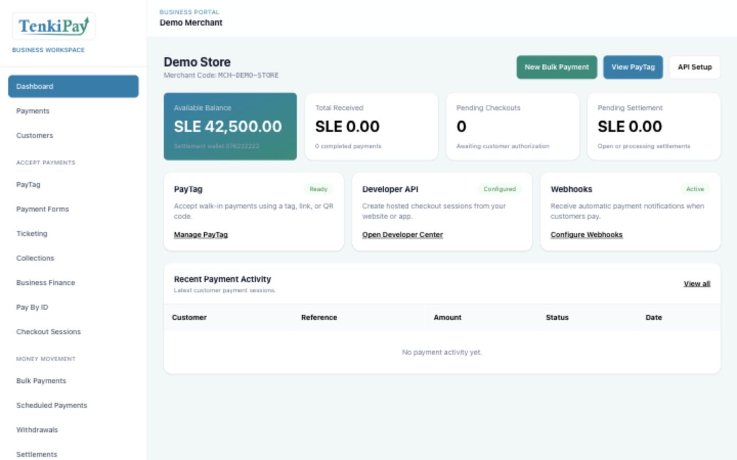 TenkiPay business workspace showing balances, collections, settlement, and payment tools