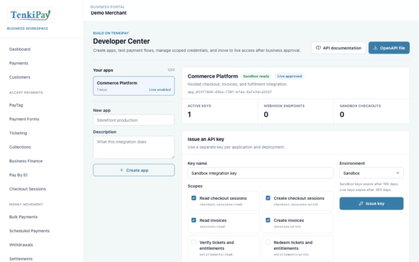 TenkiPay developer center with API credentials, webhooks, and integration tools