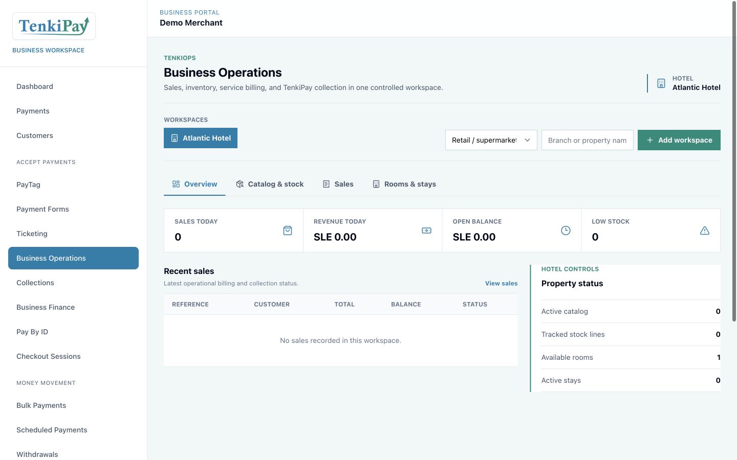 TenkiOps workspace showing hotel operations, sales, stock, and business controls