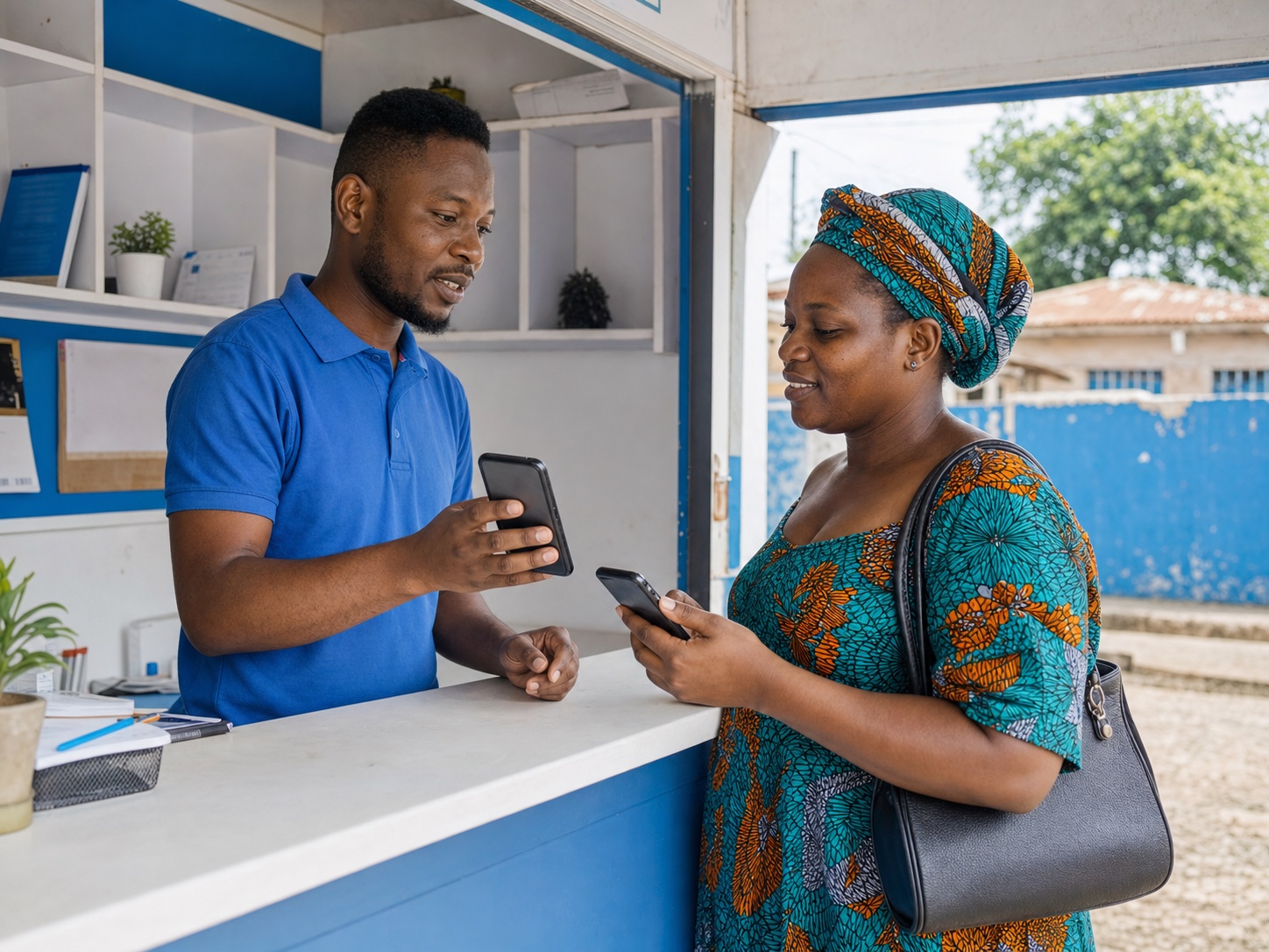 A TenkiPay cash agent assisting a customer with a mobile transaction